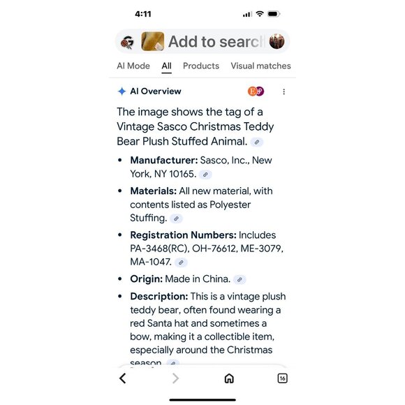 Vintage Sasco Christmas Teddy Bear Plush Stuffed Animal With Santa Hat & Red Bow - Picture 9 of 14